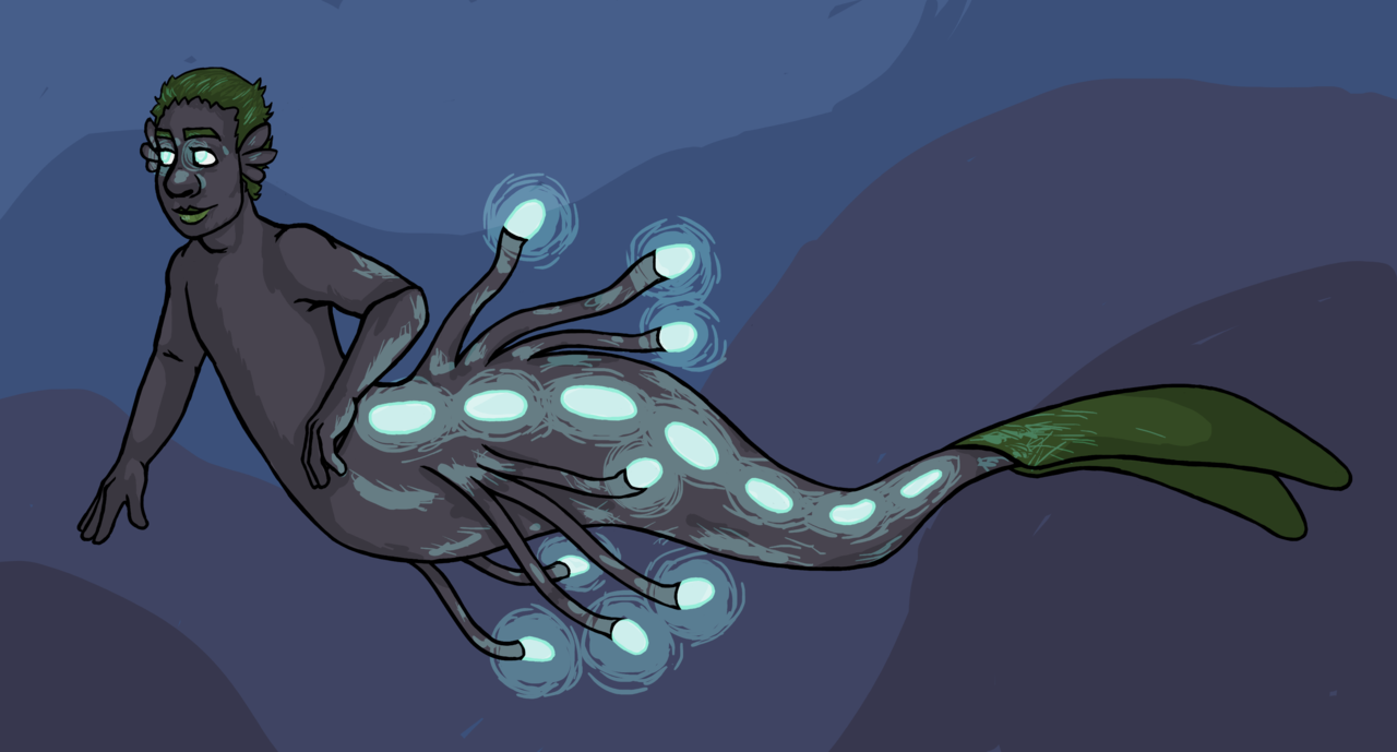 Digital illustration of a dark grey mermaid with blue glowing spots and tendrils.